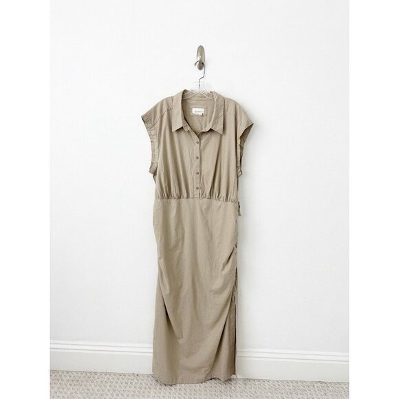NWT Anthropologie Cap-Sleeve V-Neck Dress 2X Midi $168 Linen Blend Tan - Picture 4 of 8